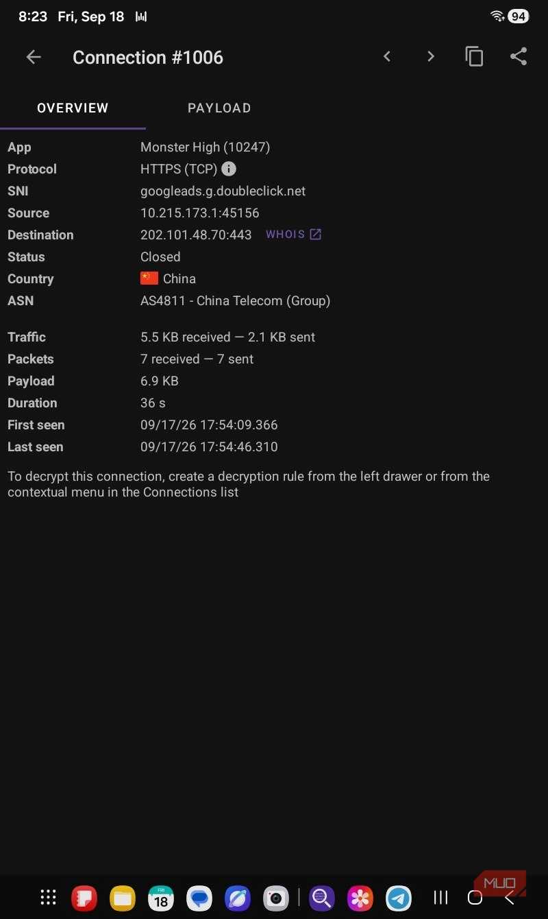 Monster High ads connection PCAPdroid