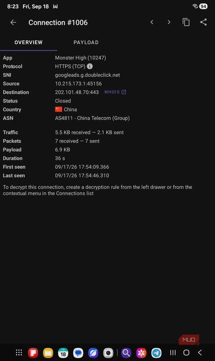 Monster High ads connection PCAPdroid