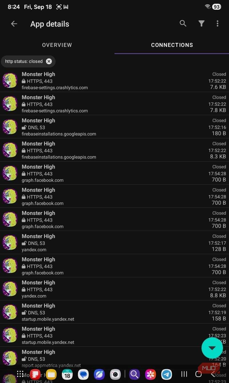 Monster High connection list PCAPdroid