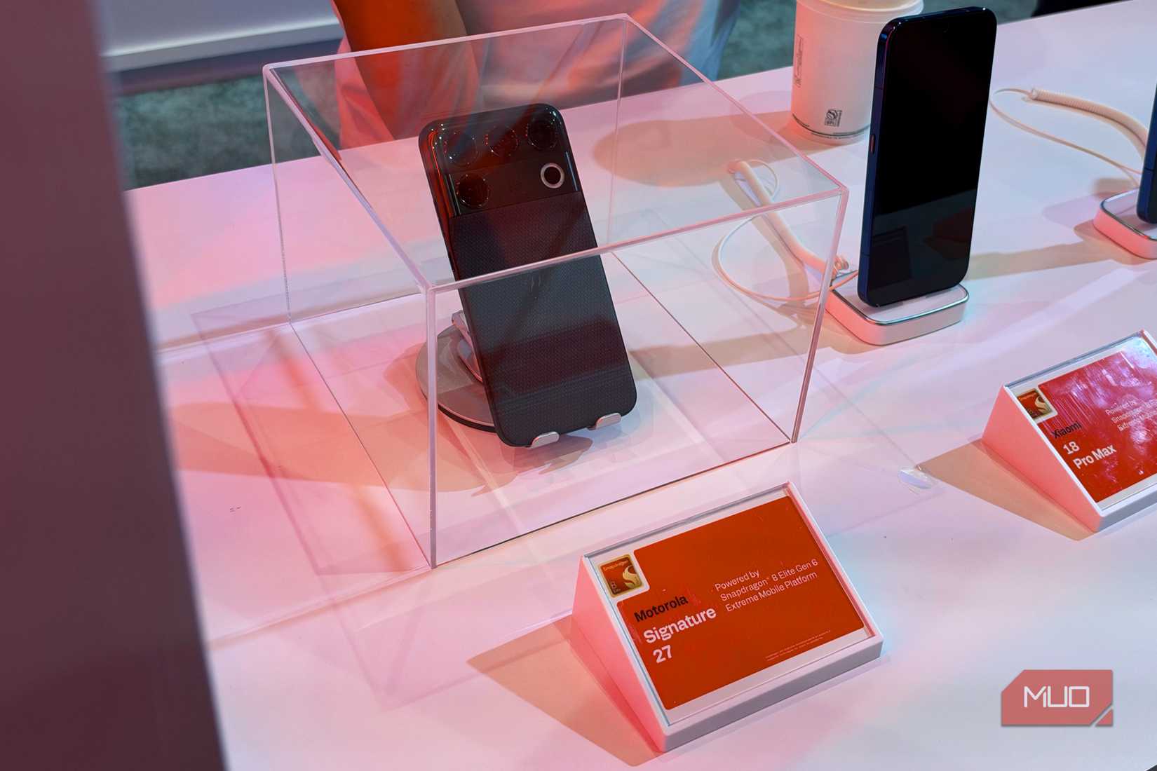 The Motorola Signature 27 in a glass display case at Snapdragon Summit.