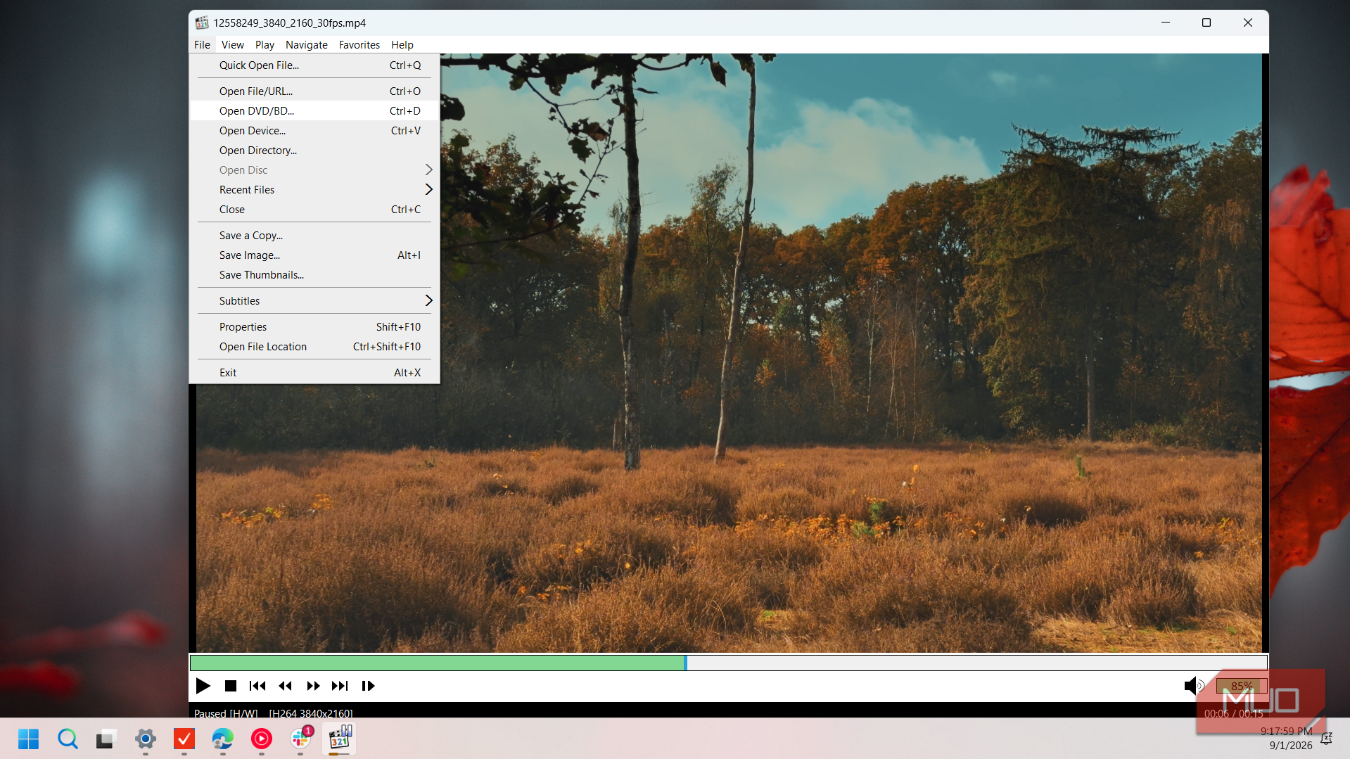 mpc hc media player file menu open displaying video file