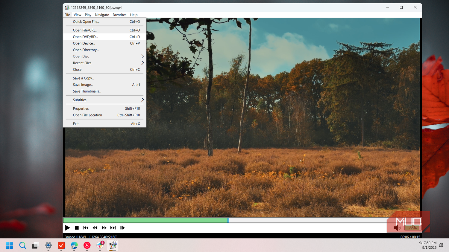 mpc hc media player file menu open displaying video file