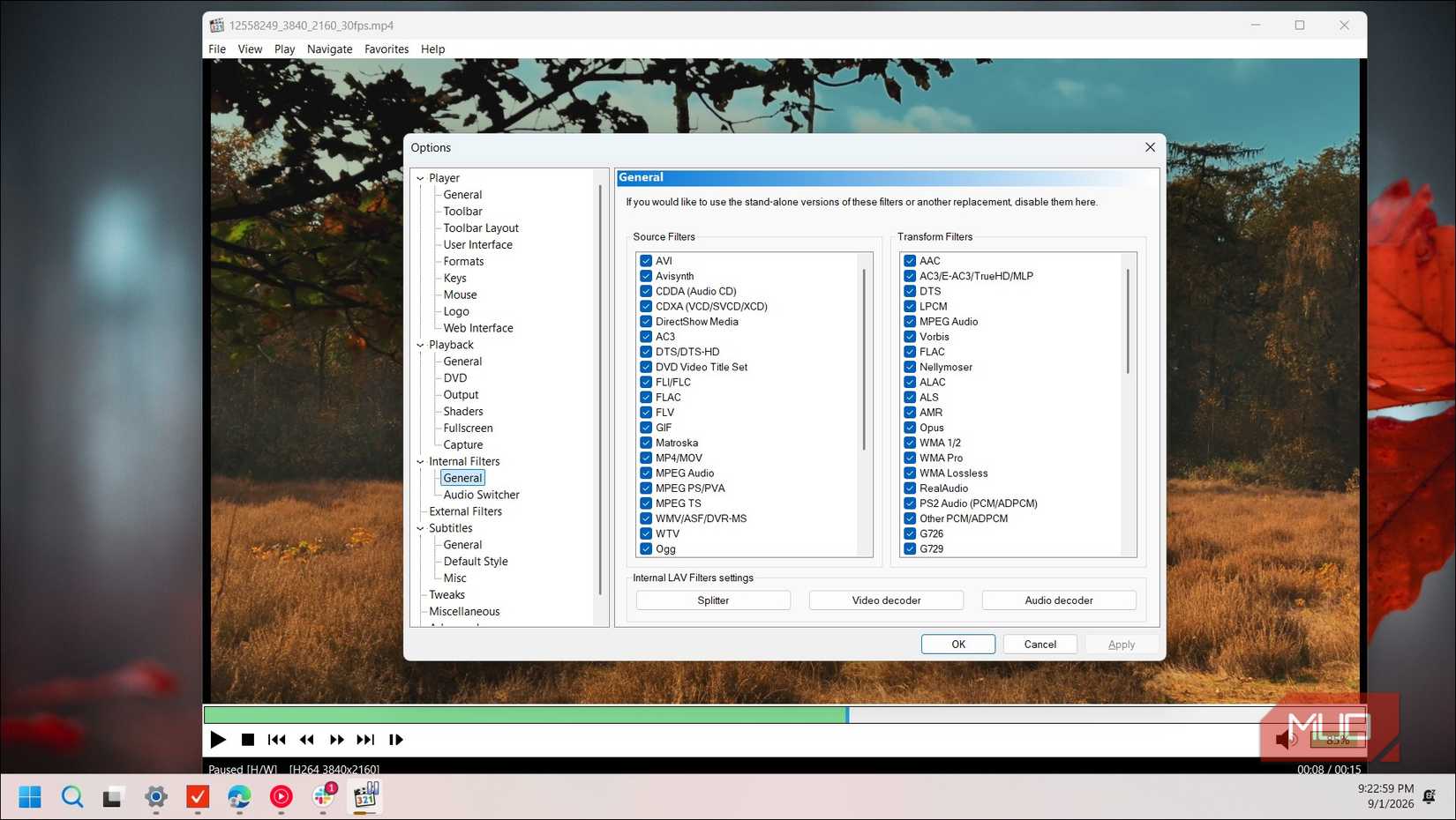 mpc hc options dialog internal filters general settings