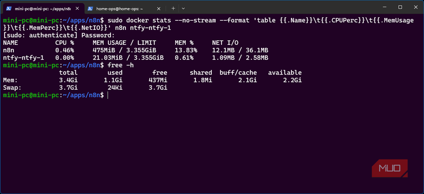 Docker and system memory statistics showing the resource cost of running n8n and ntfy on the mini PC.