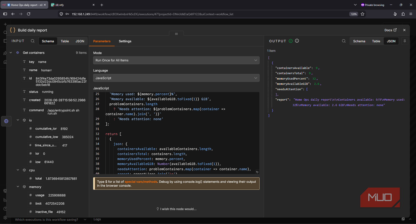 n8n combining Glances memory and container data into a readable daily homelab report.