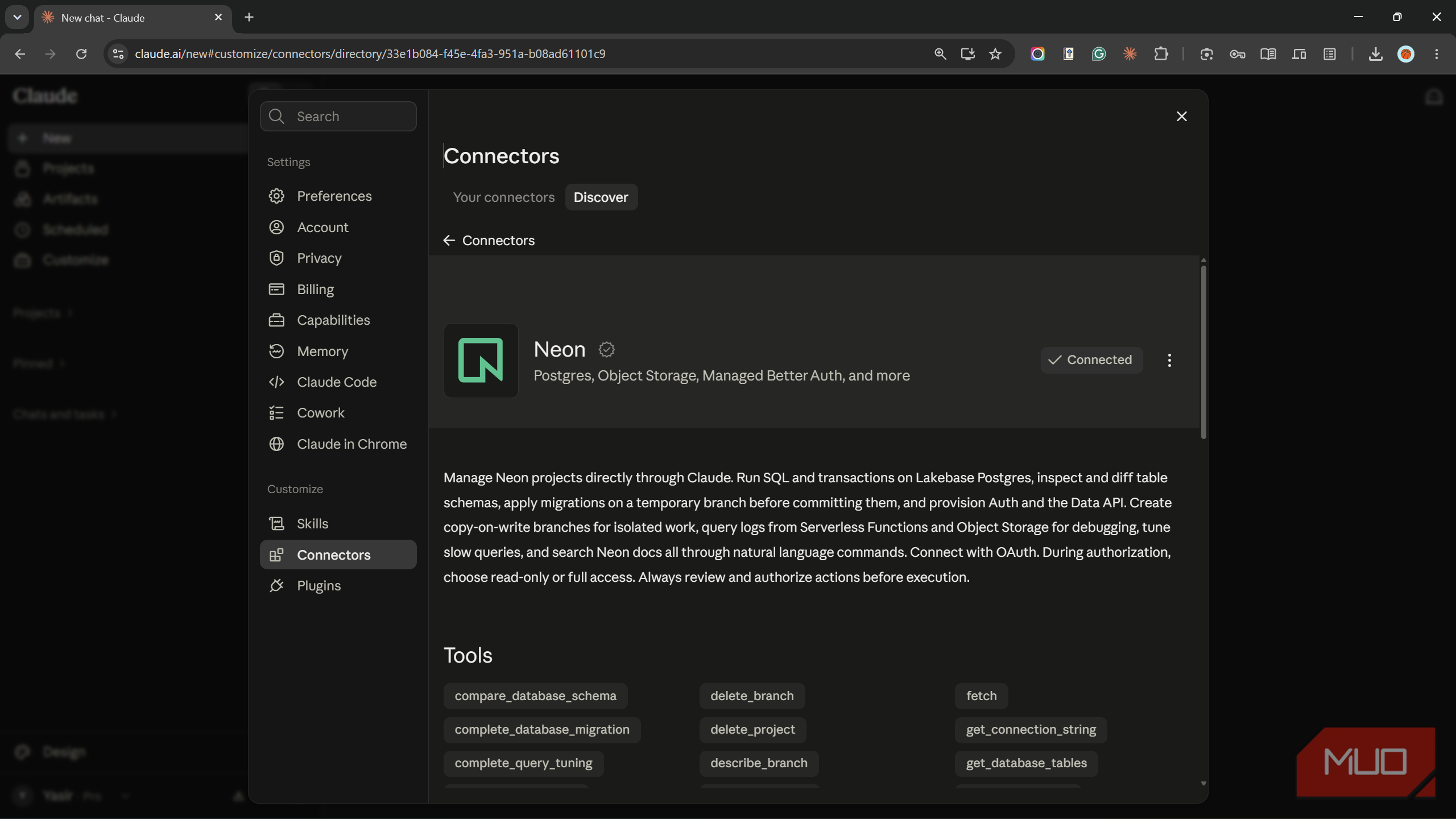 Neon connector listing in the Claude directory marked as connected.