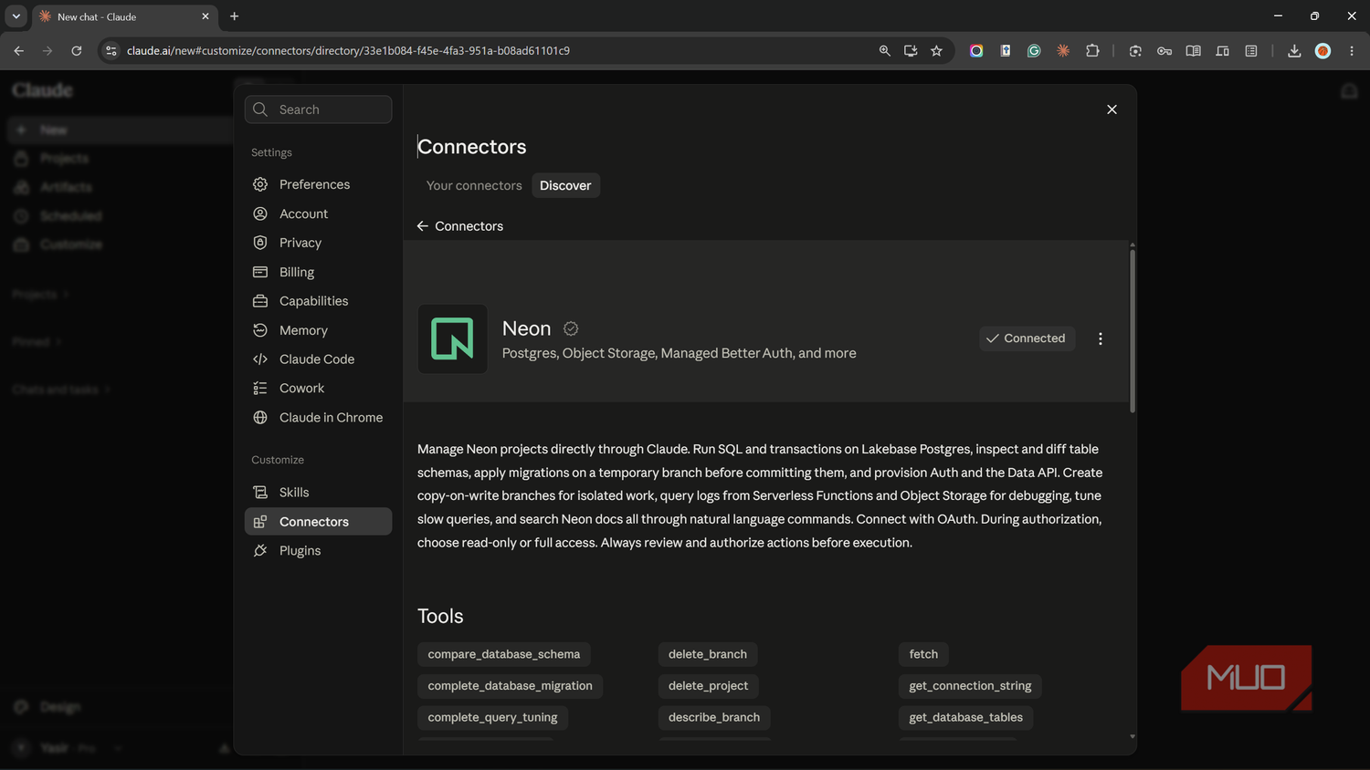 Neon connector listing in the Claude directory marked as connected.