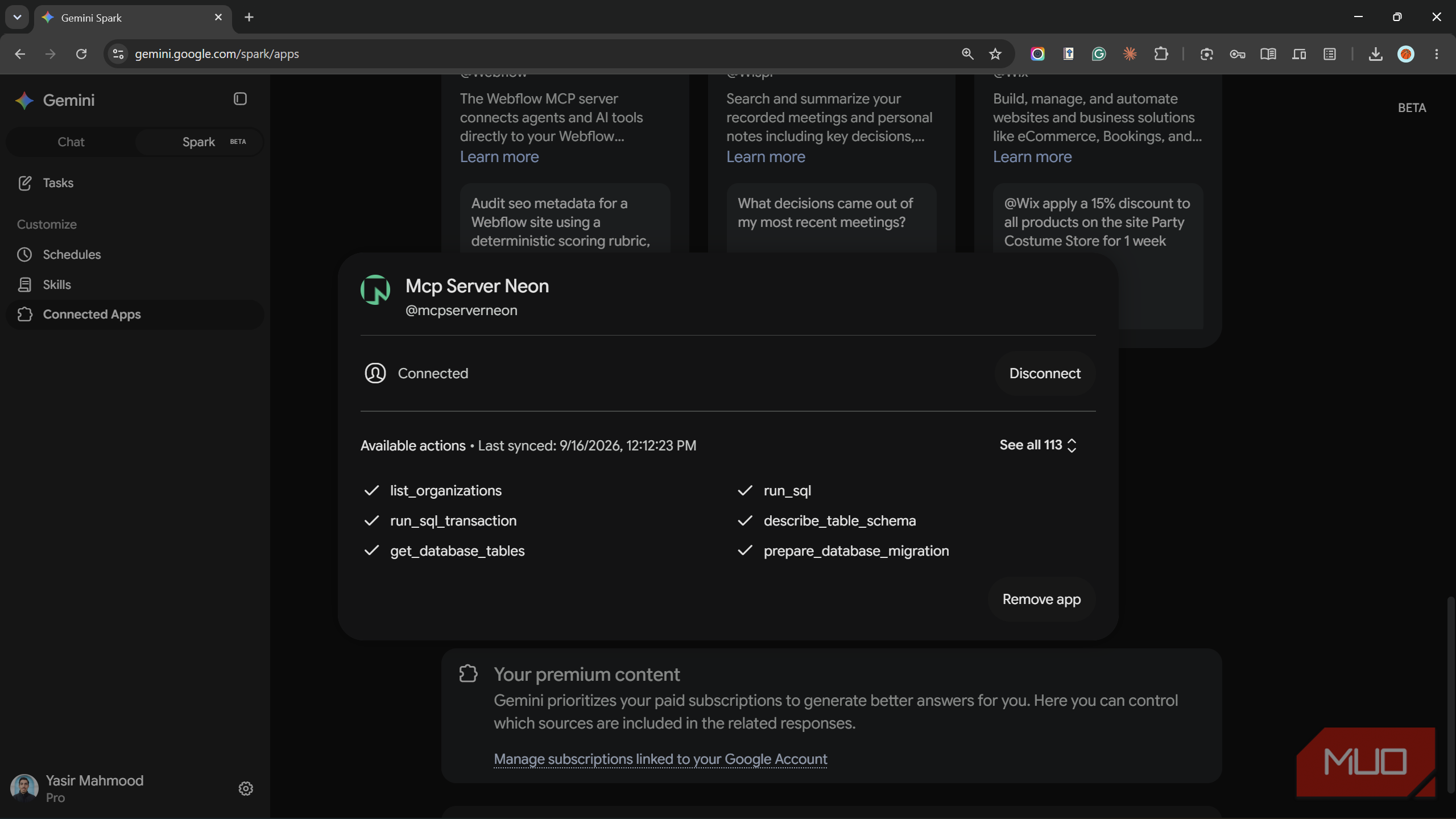 Neon MCP server connected in Gemini Spark with its available actions.