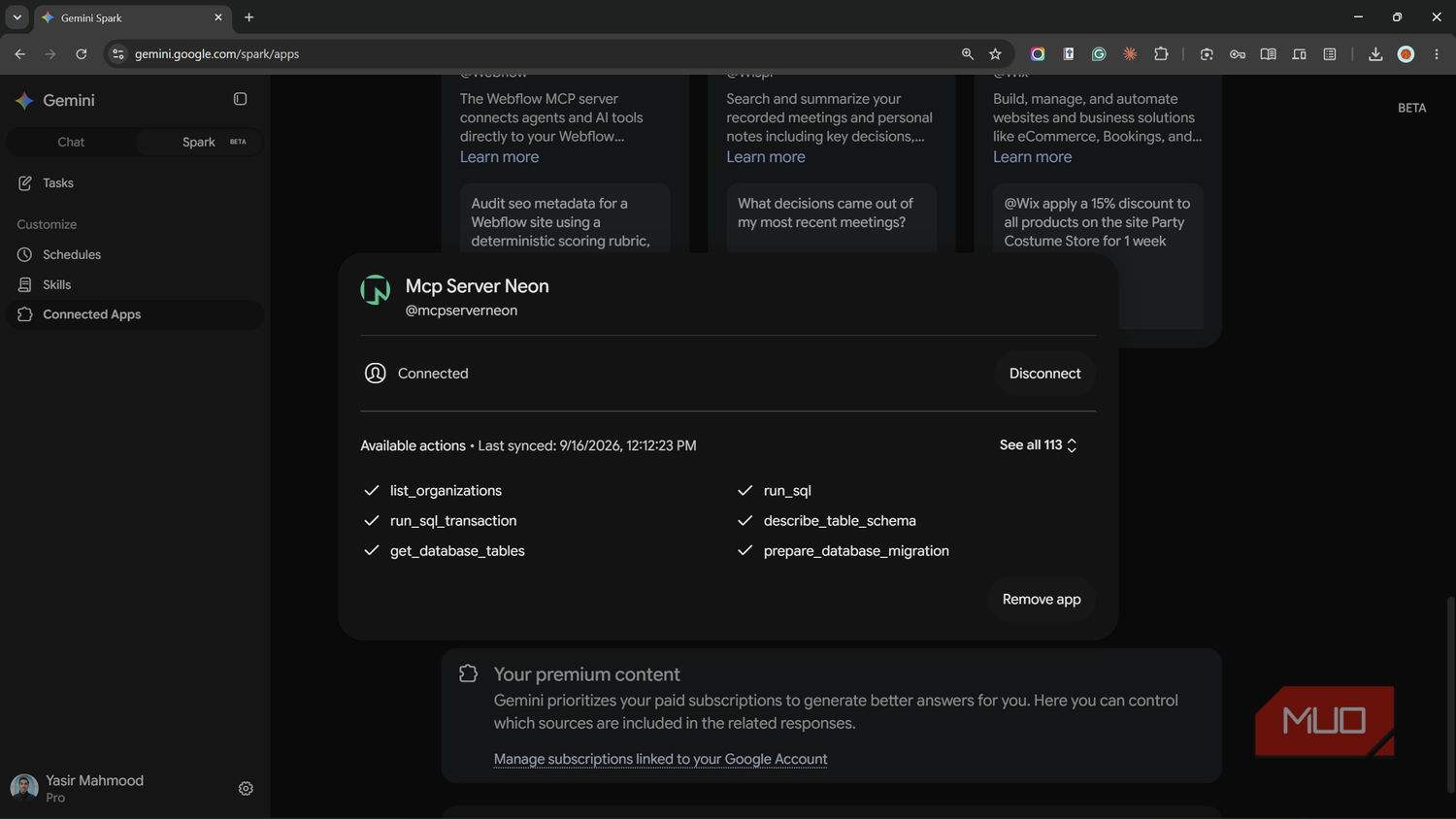 Neon MCP server connected in Gemini Spark with its available actions.