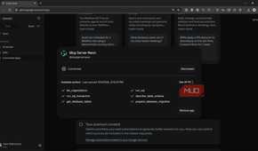 Neon MCP server connected in Gemini Spark with its available actions.