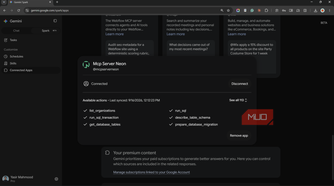 Neon MCP server connected in Gemini Spark with its available actions.
