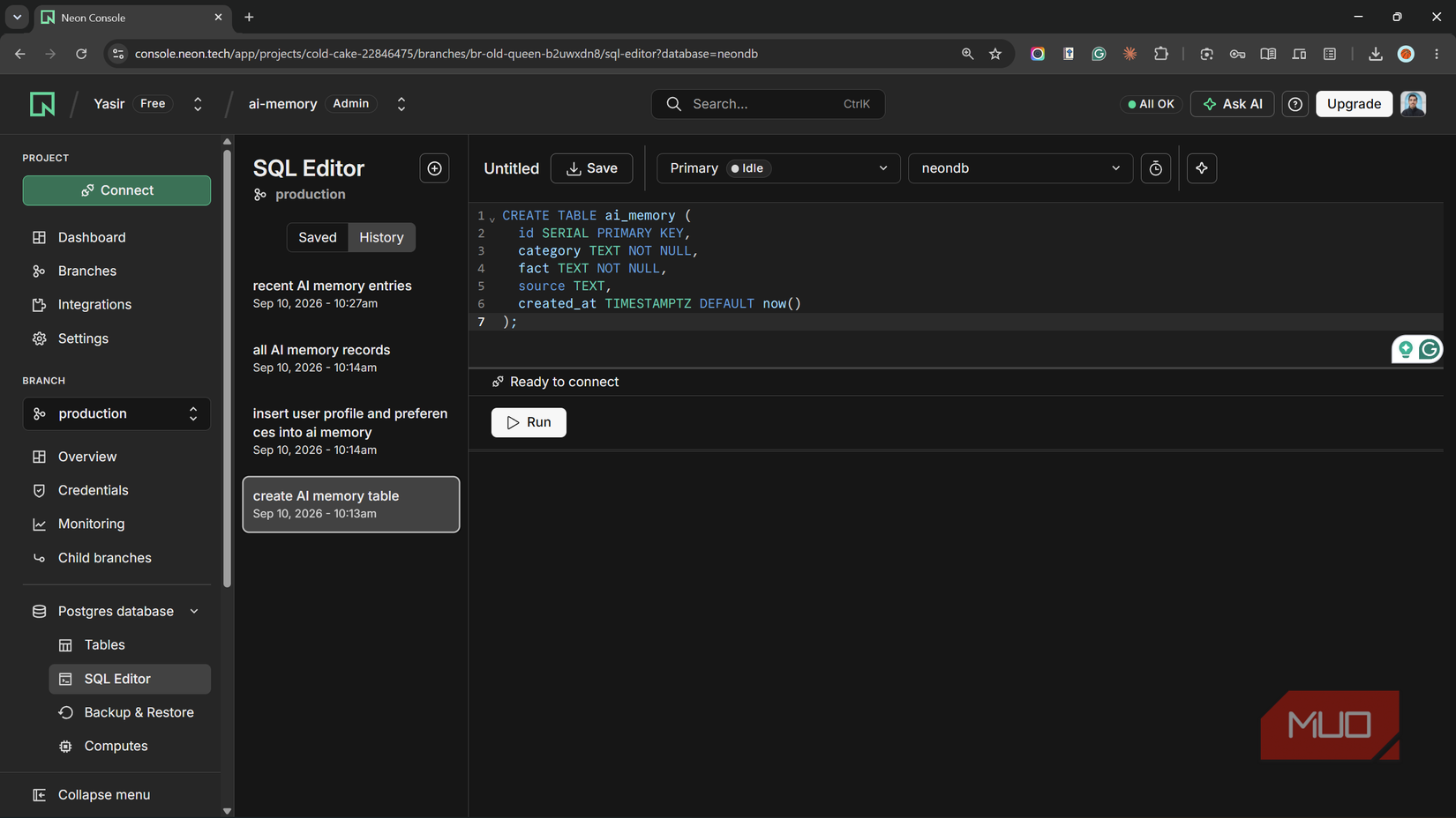 Neon SQL Editor with a query that creates the ai_memory table.