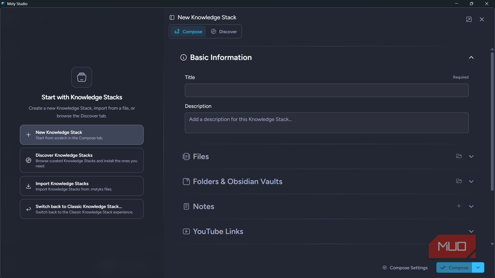New Knowledge Stack panel in Msty Studio with the compose fields open
