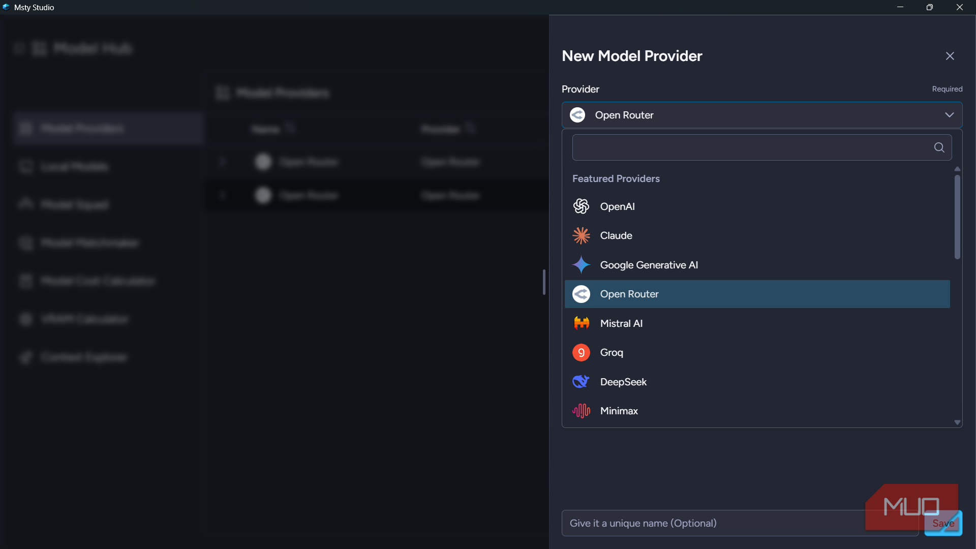 New Model Provider panel in Msty Studio with Open Router selected