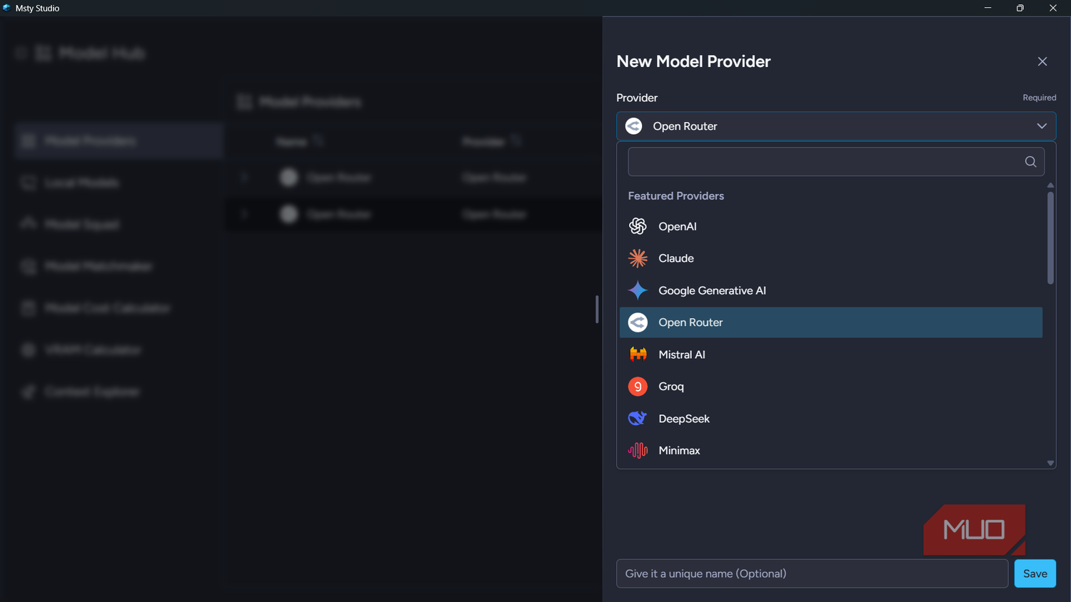 New Model Provider panel in Msty Studio with Open Router selected