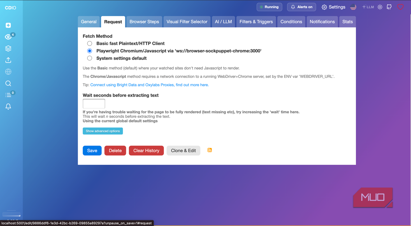 Панель управления changedetection.io Интерфейс панели управления changedetection io после быстрого запуска