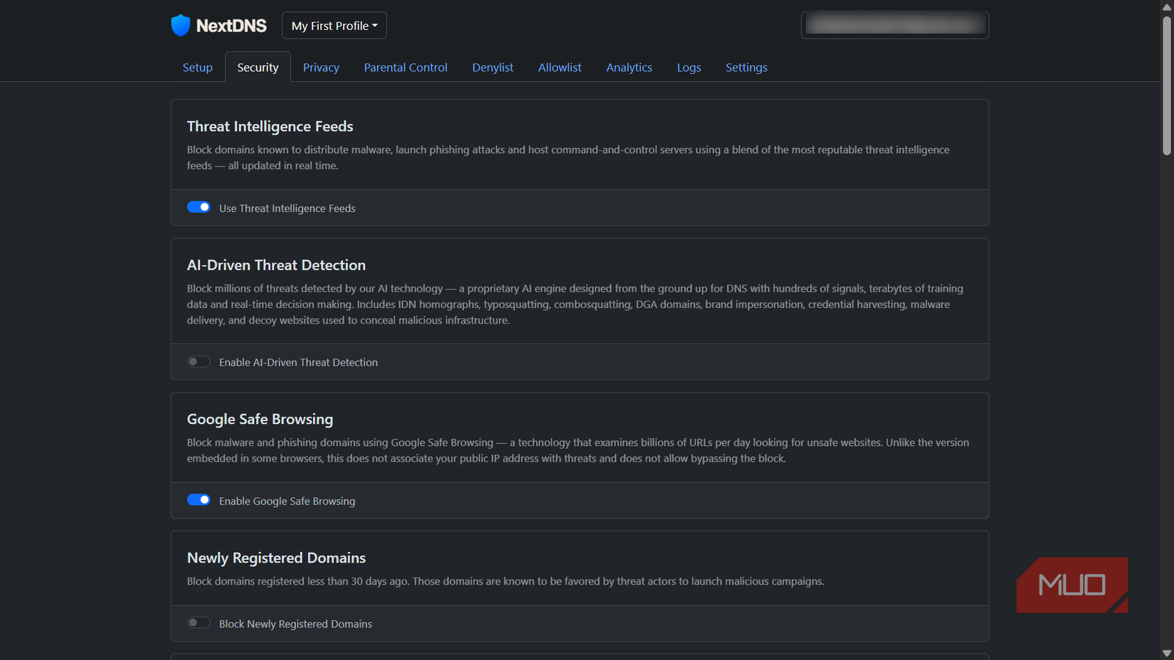 NextDNS Security page.