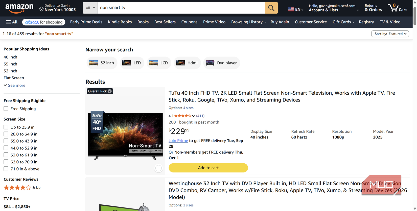 non smart tv listings on amazon.