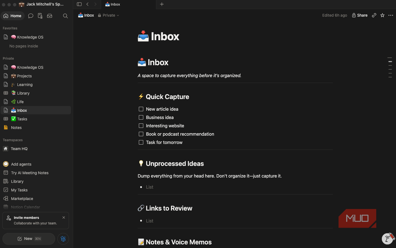 Интерфейс главного экрана Notion Интерфейс главного экрана Notion с разделами