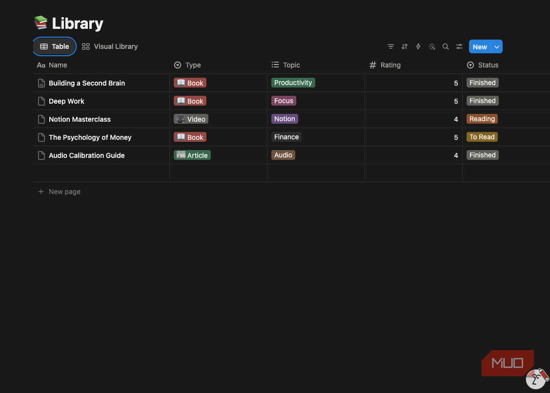A Notion library home page in table view.