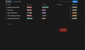 A Notion library home page in table view.
