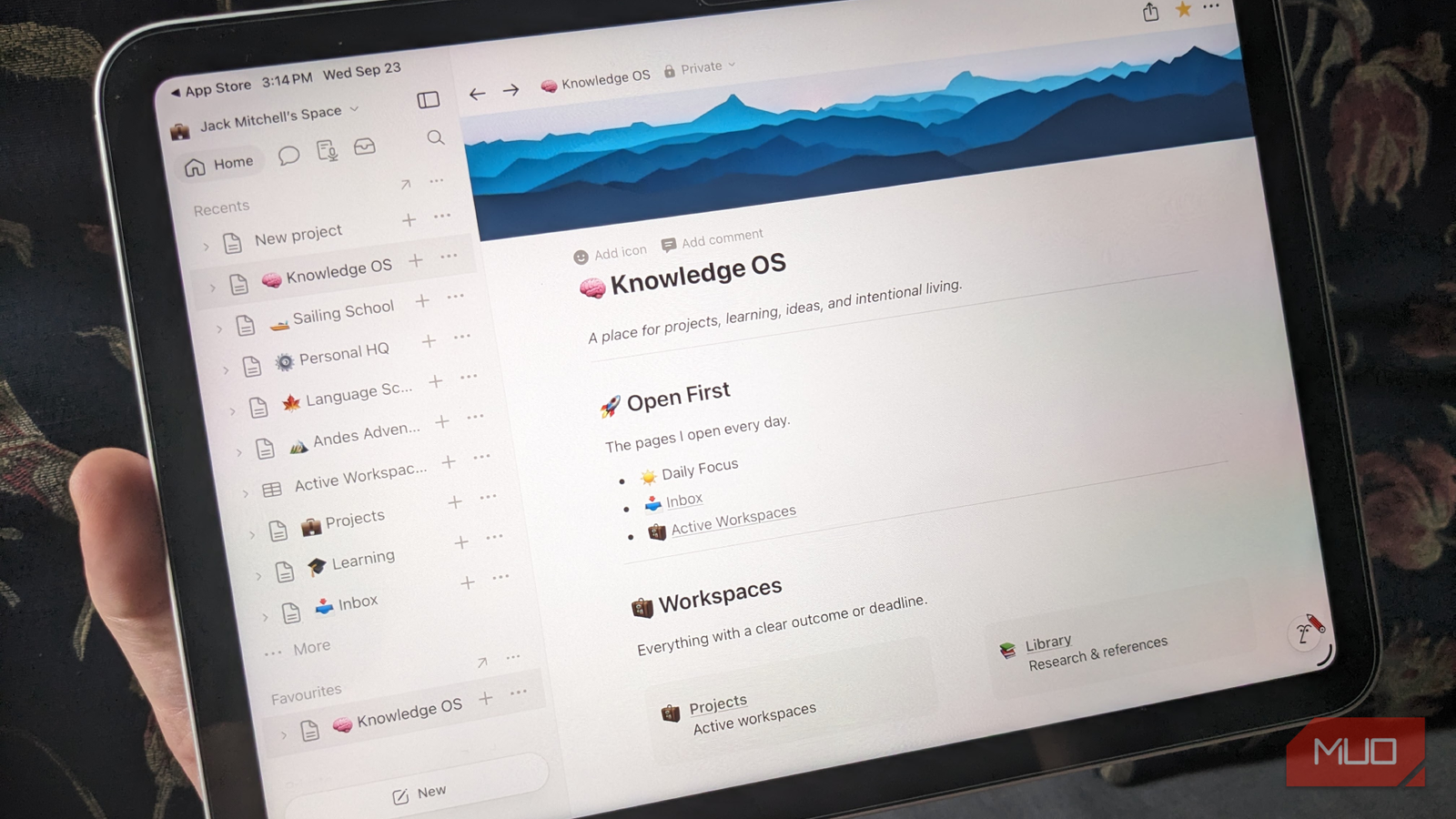 A Notion knowledge system displayed on an iPad.