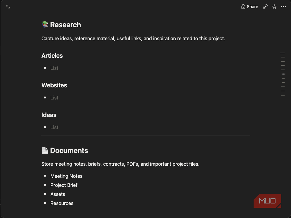 A Notion project research list.