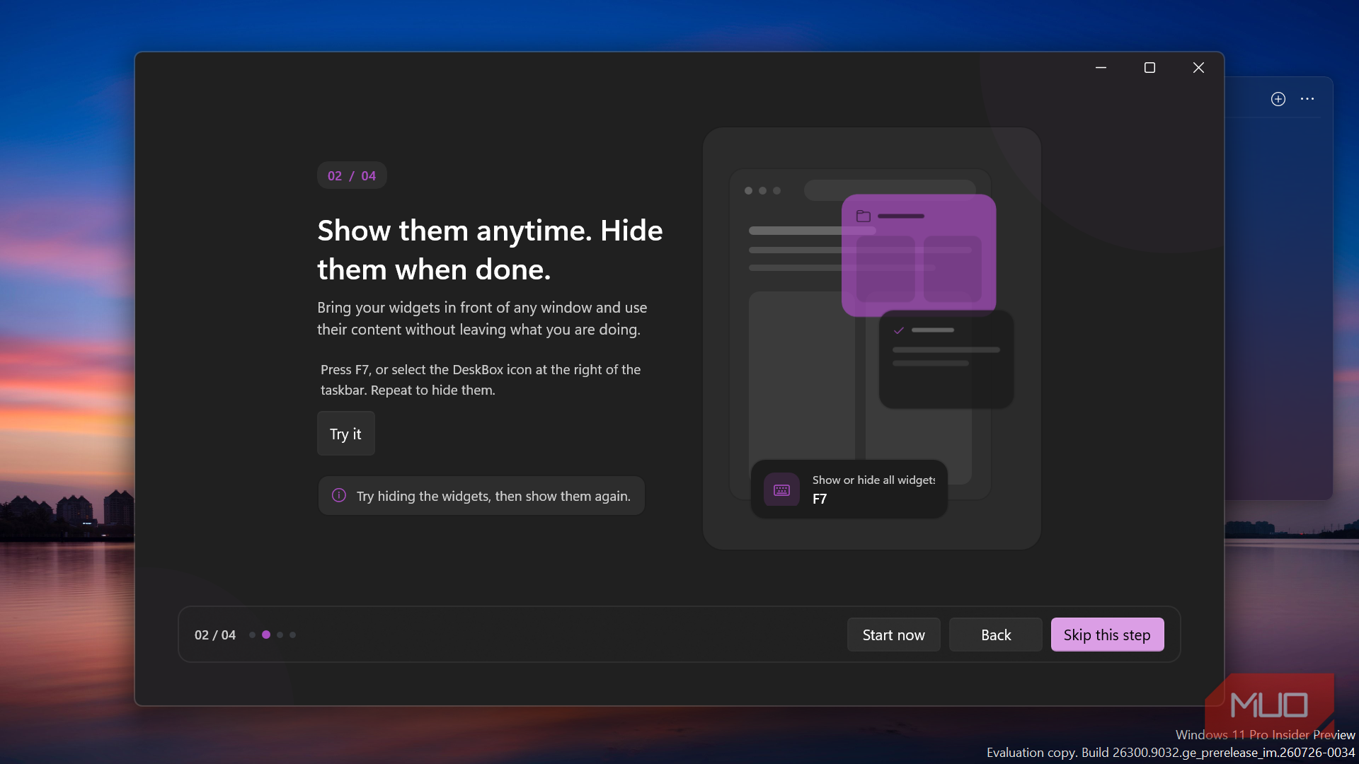 Onboarding guide explaining how to hide widgets