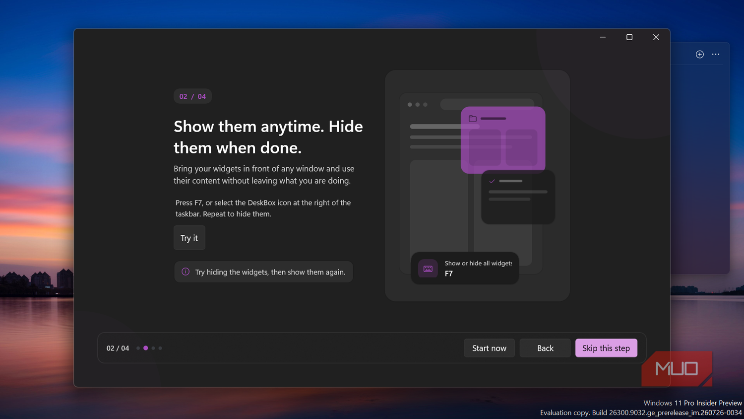 Onboarding guide explaining how to hide widgets