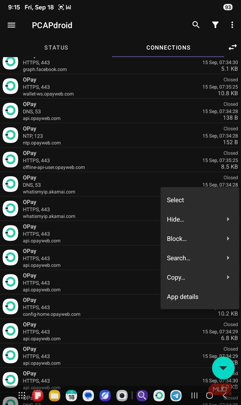 Opay connection list PCAPdroid