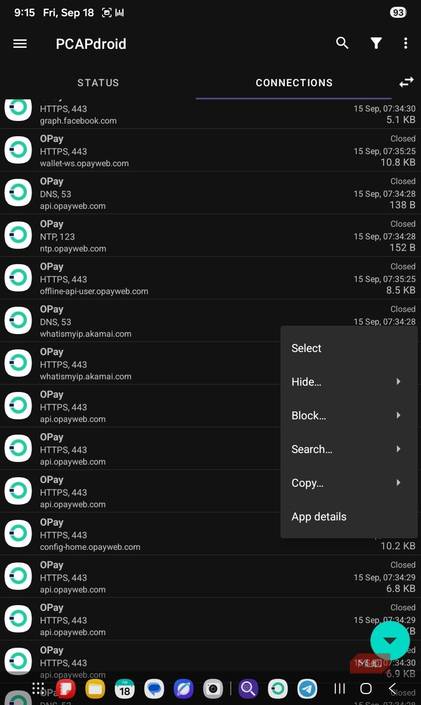 Opay connection list PCAPdroid