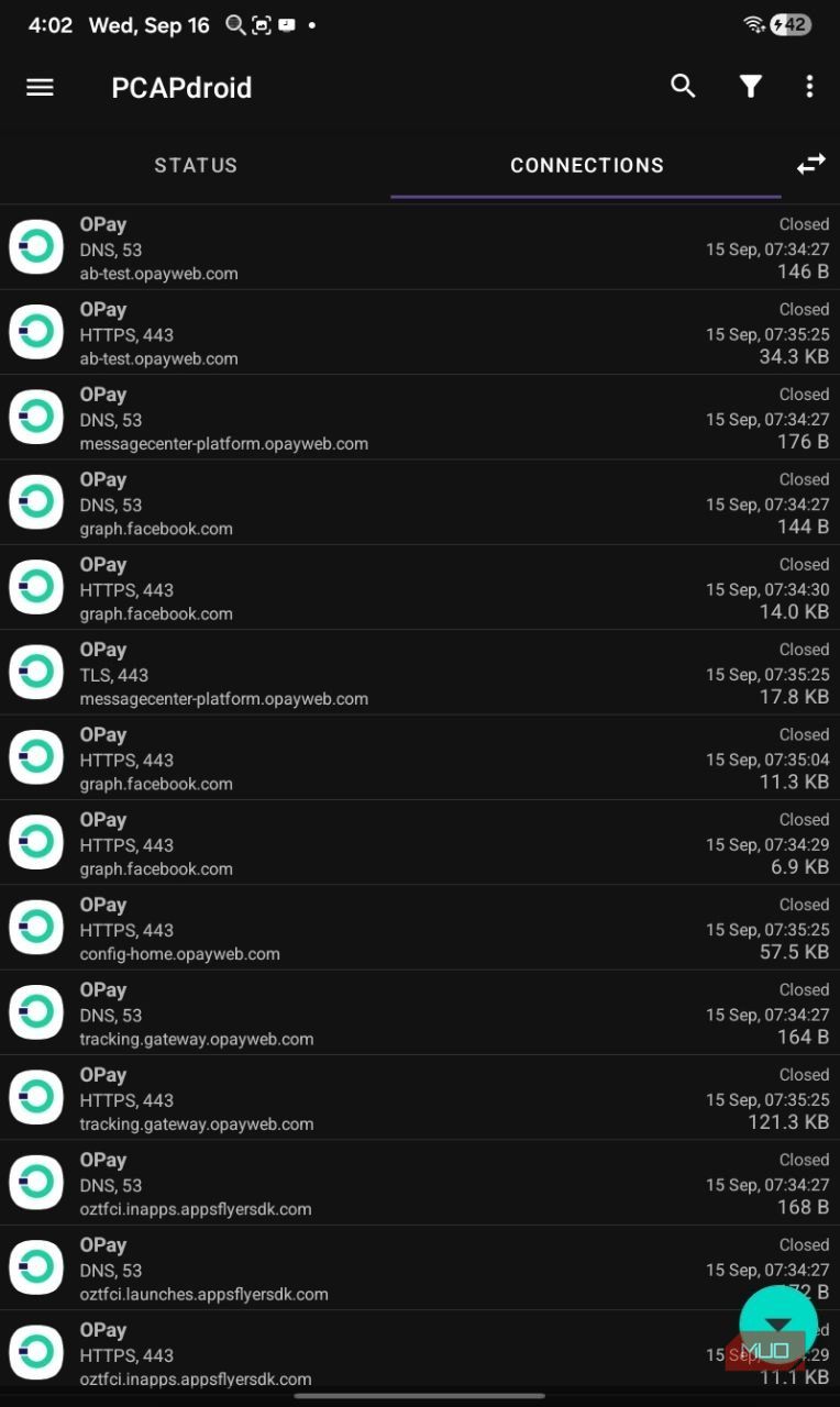 Opay connection and ads tracking on PCAPdroid