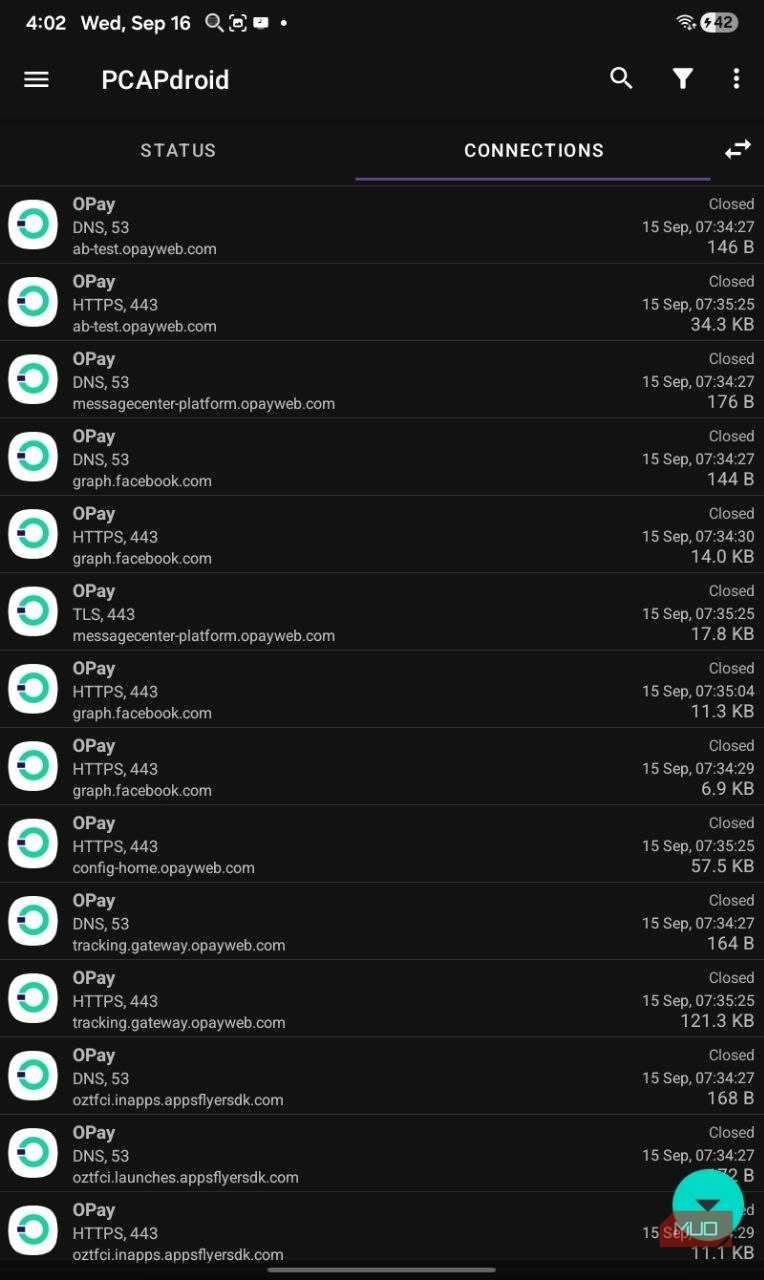 Opay connection and ads tracking on PCAPdroid