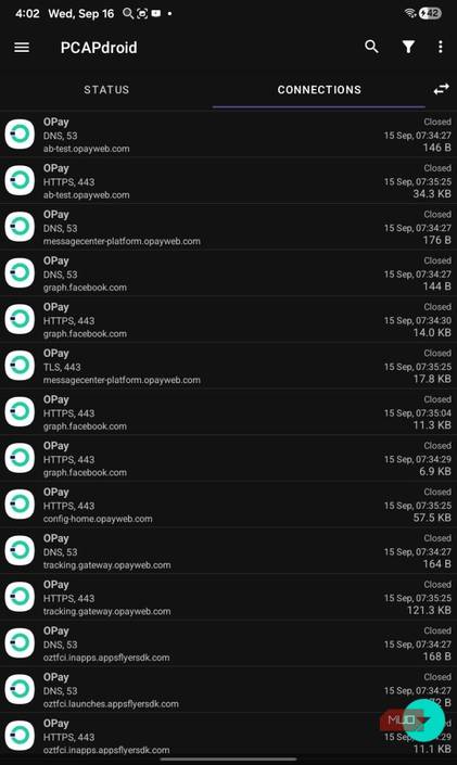 Opay connection and ads tracking on PCAPdroid