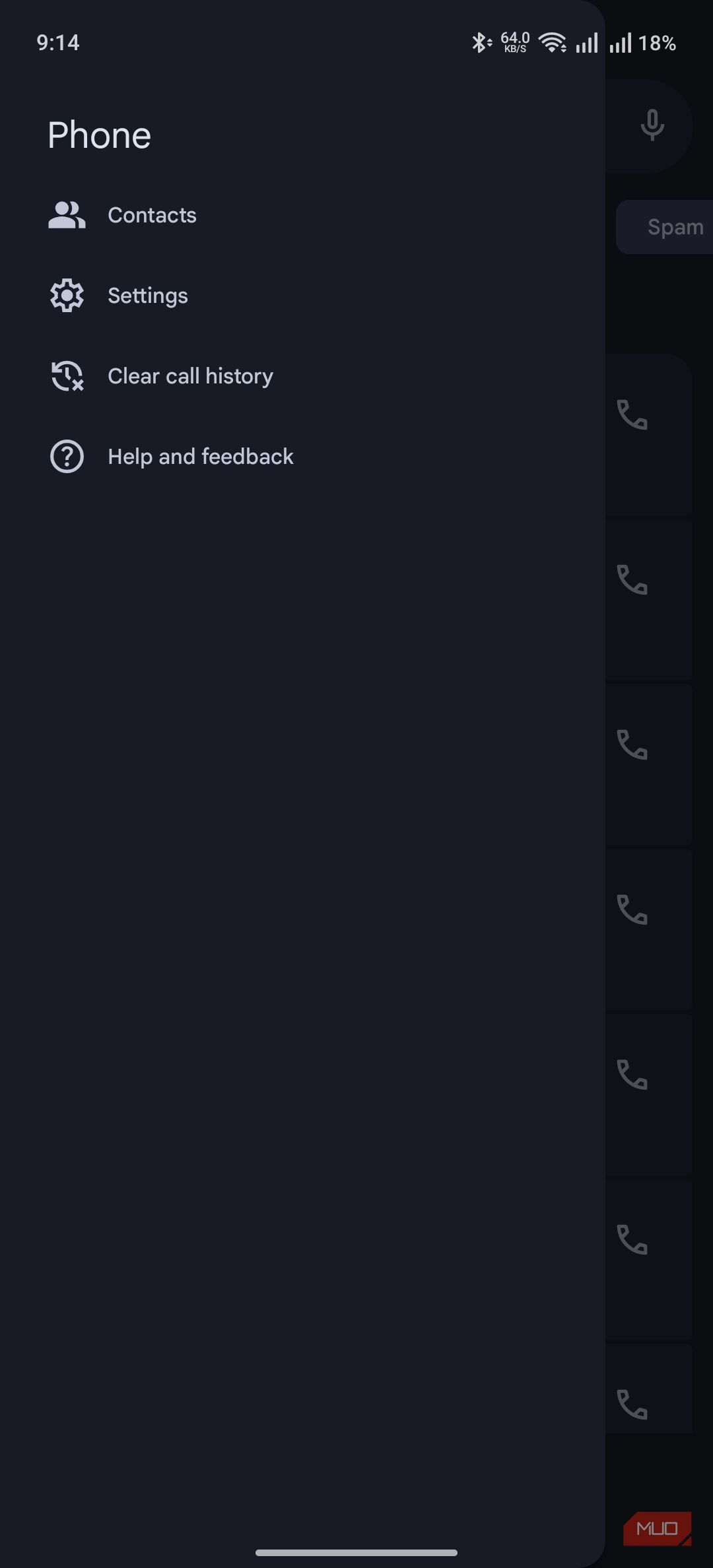 the phone app showing the sidebar menu