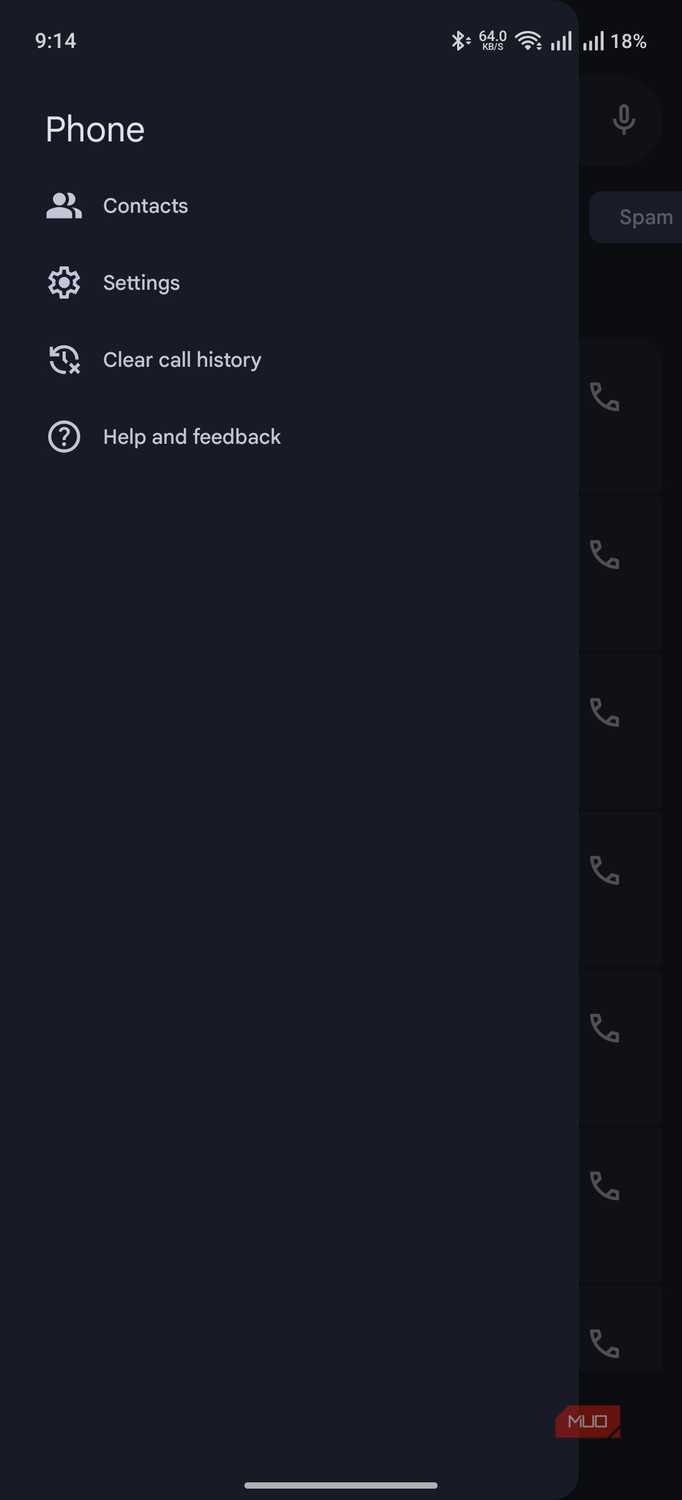 the phone app showing the sidebar menu