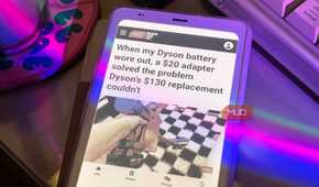 Palma 2 Pro showing a MakeUseOf article about a Dyson battery adapter