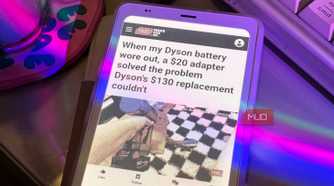 Palma 2 Pro showing a MakeUseOf article about a Dyson battery adapter