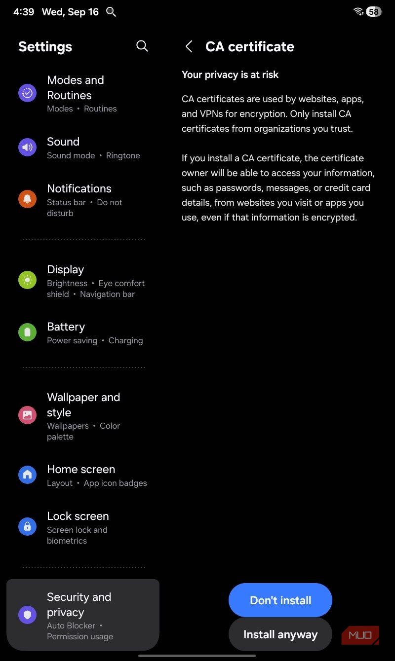 PCAPdroid CA certificate install in Settings.