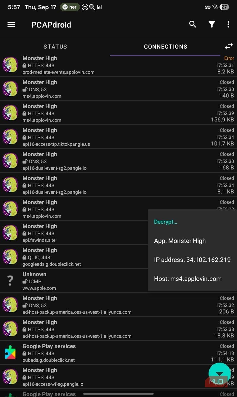 PCAPdroid decrypt option Monster High list