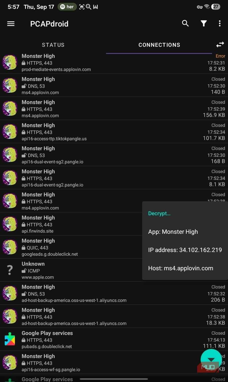PCAPdroid decrypt option Monster High list