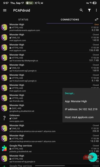 PCAPdroid decrypt option Monster High list