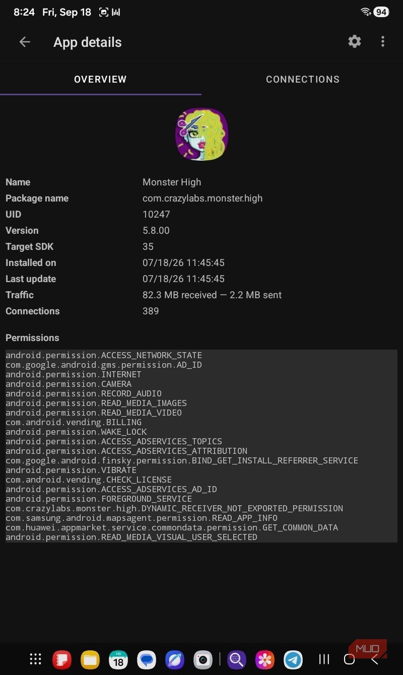 PCAPdroid Monster high app network overview