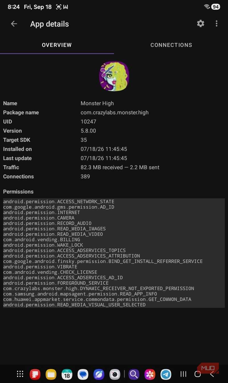 PCAPdroid Monster high app network overview