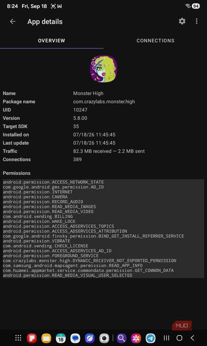 PCAPdroid Monster high app network overview