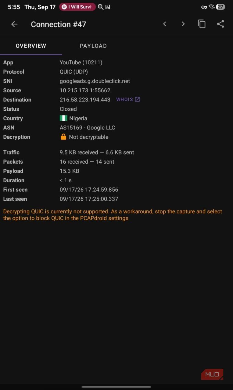 PCAPdroid QUIC decryption not supported
