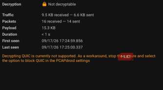 PCAPdroid QUIC decryption not supported
