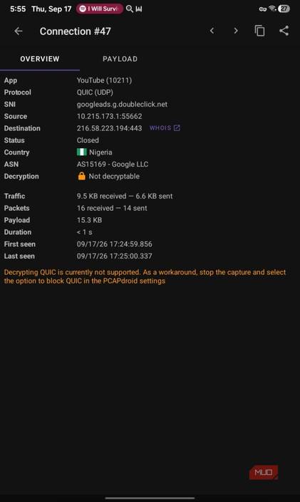 PCAPdroid QUIC decryption not supported