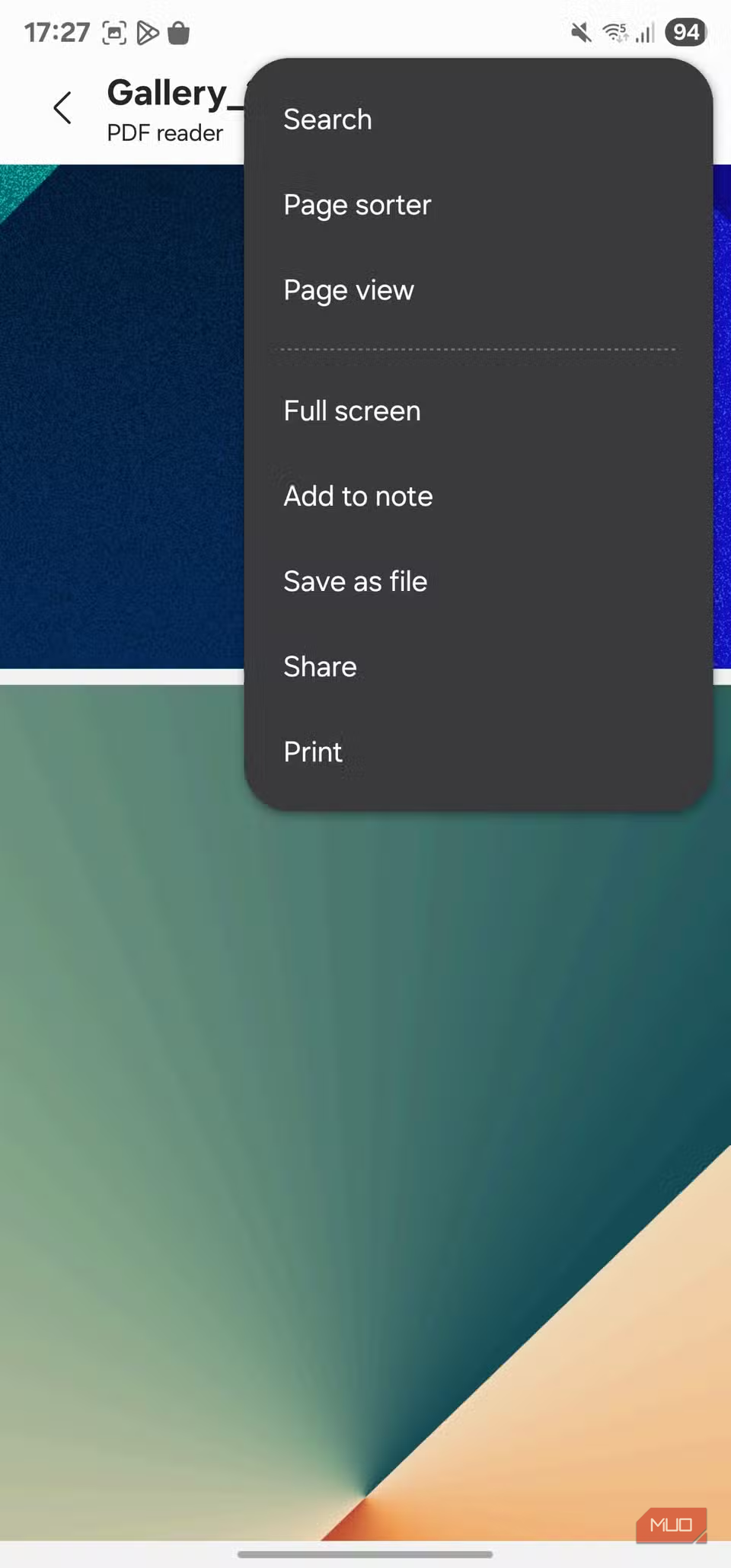 PDF reader app options menu open