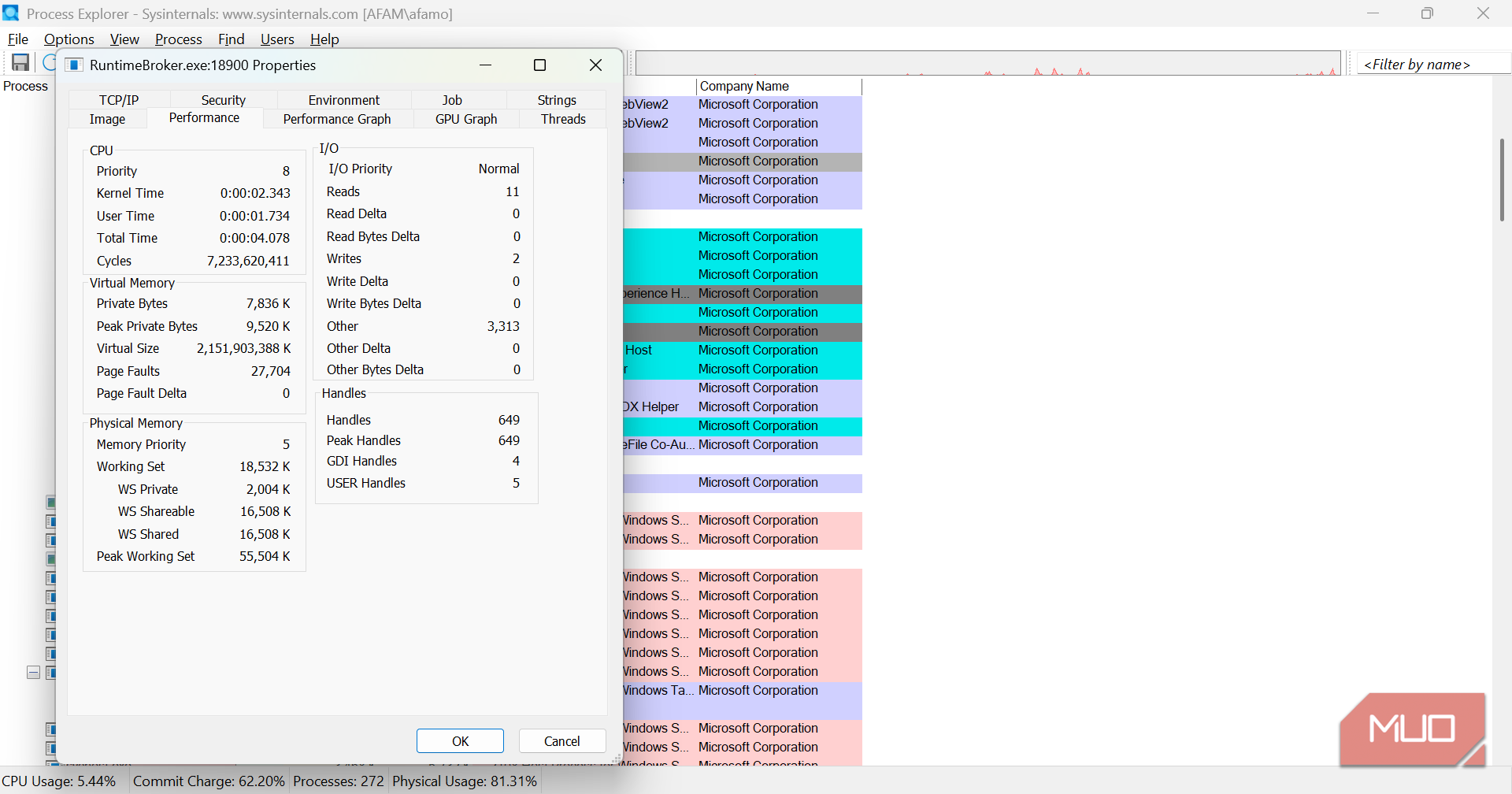 Процесс в окне Process Explorer